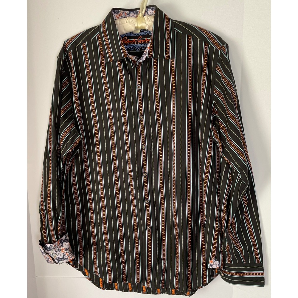Robert Graham Mens Classic Fit Button Down Shirt Black Orange Striped Size M